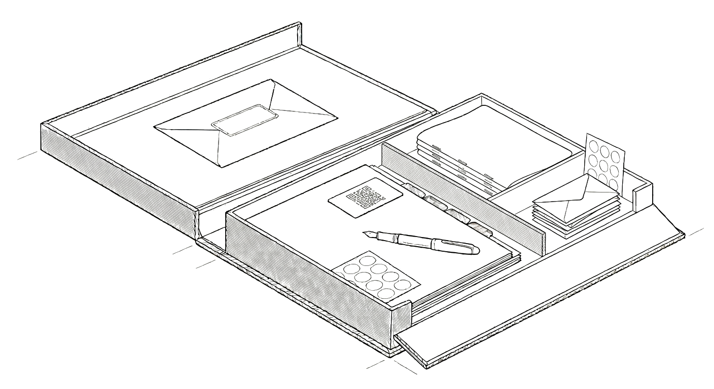 Zeichnung der geplanten Box mit Dokumenten und Stift